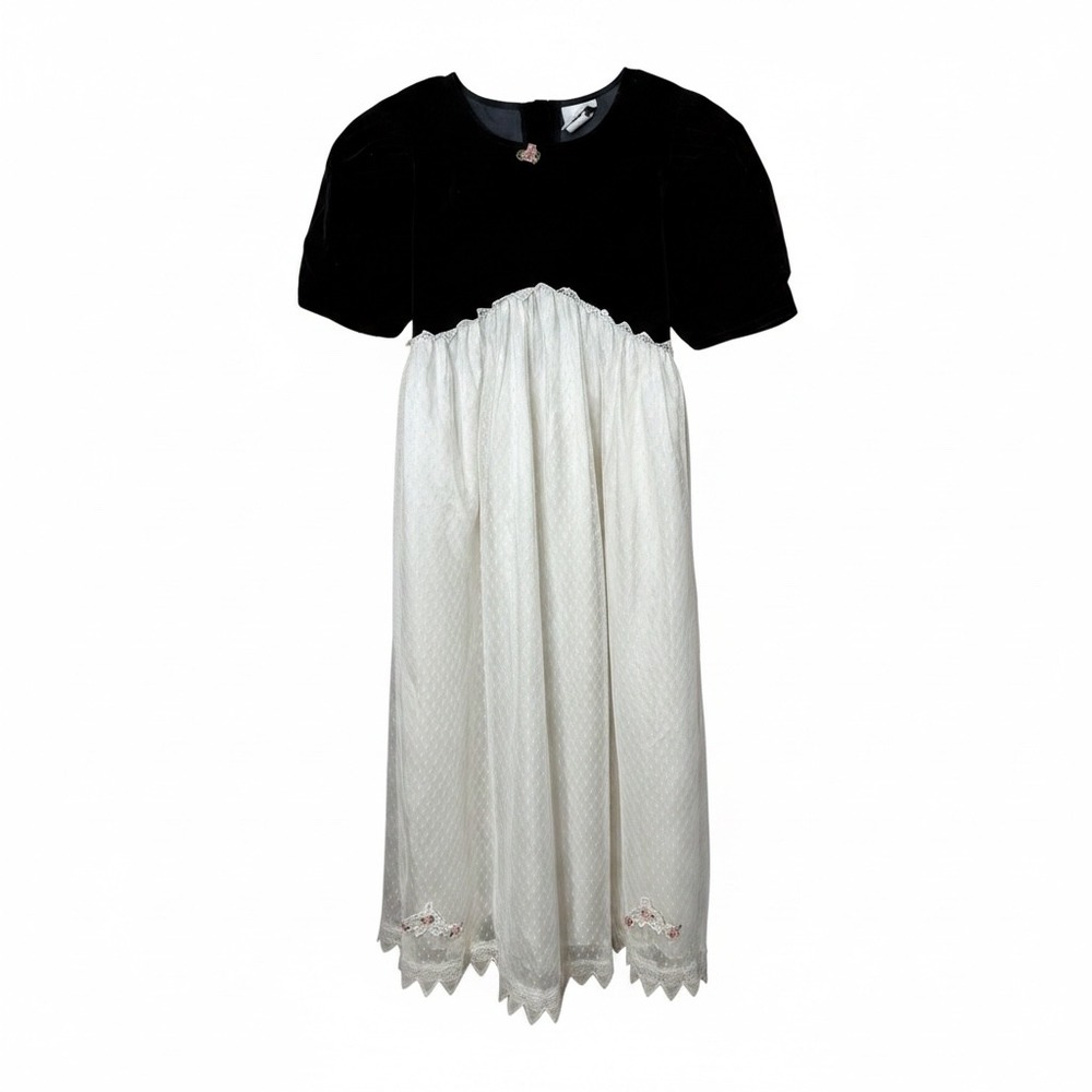 Vintage Jo Lene Kids Black Velvet White Swiss Dot Lace Floral Party Dress Sz 16